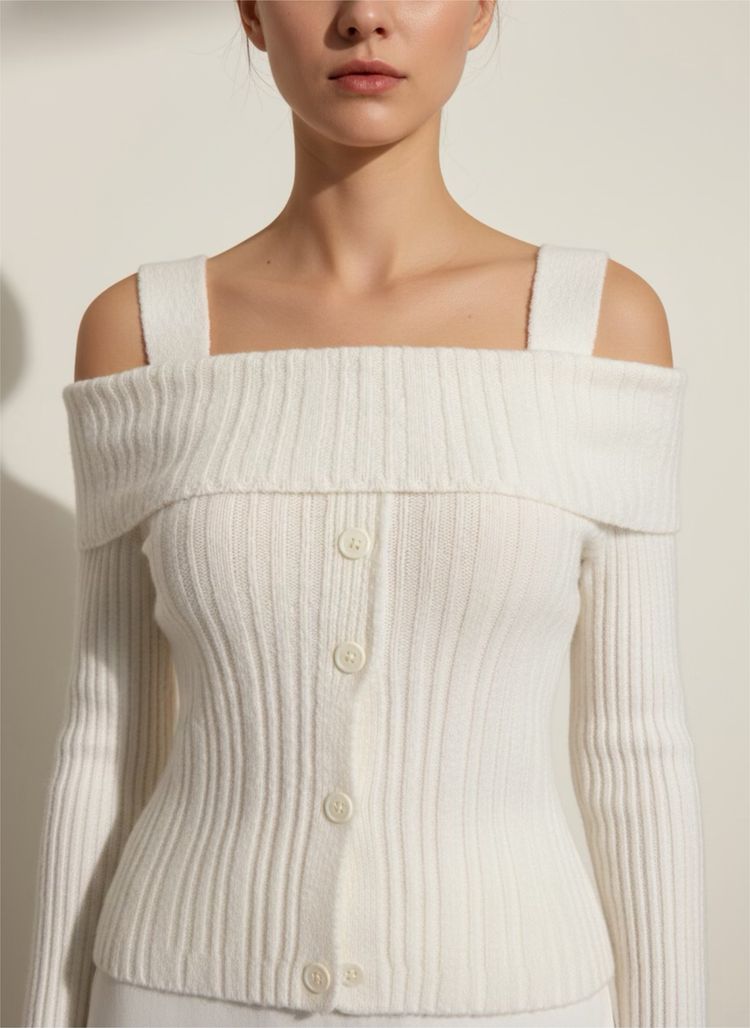 Cider White Ribbed Knit Off-Shoulder Cardigan product image
