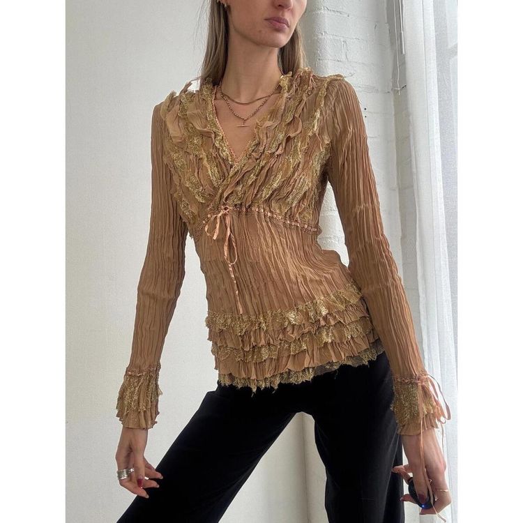Brown Long Sleeve Ruffled Blouse