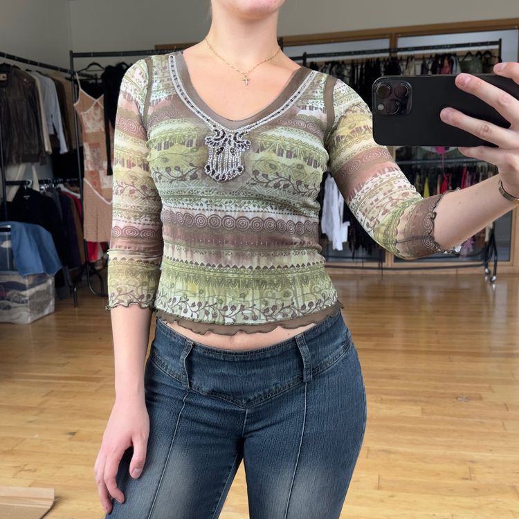 Whimsical Beaded Boho Patterned Mesh Top