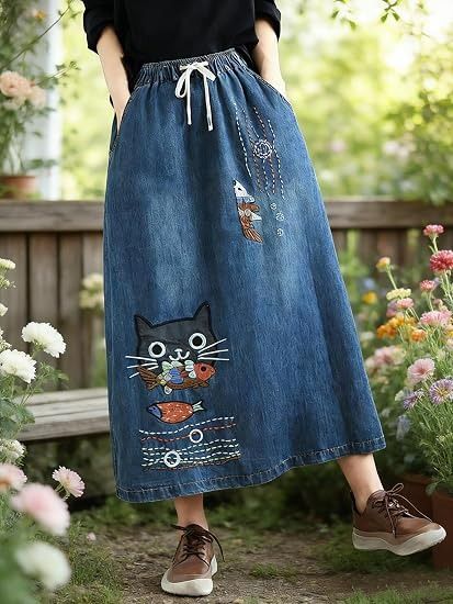 Denim Skirt With Cat And Fish Embroidery image 4
