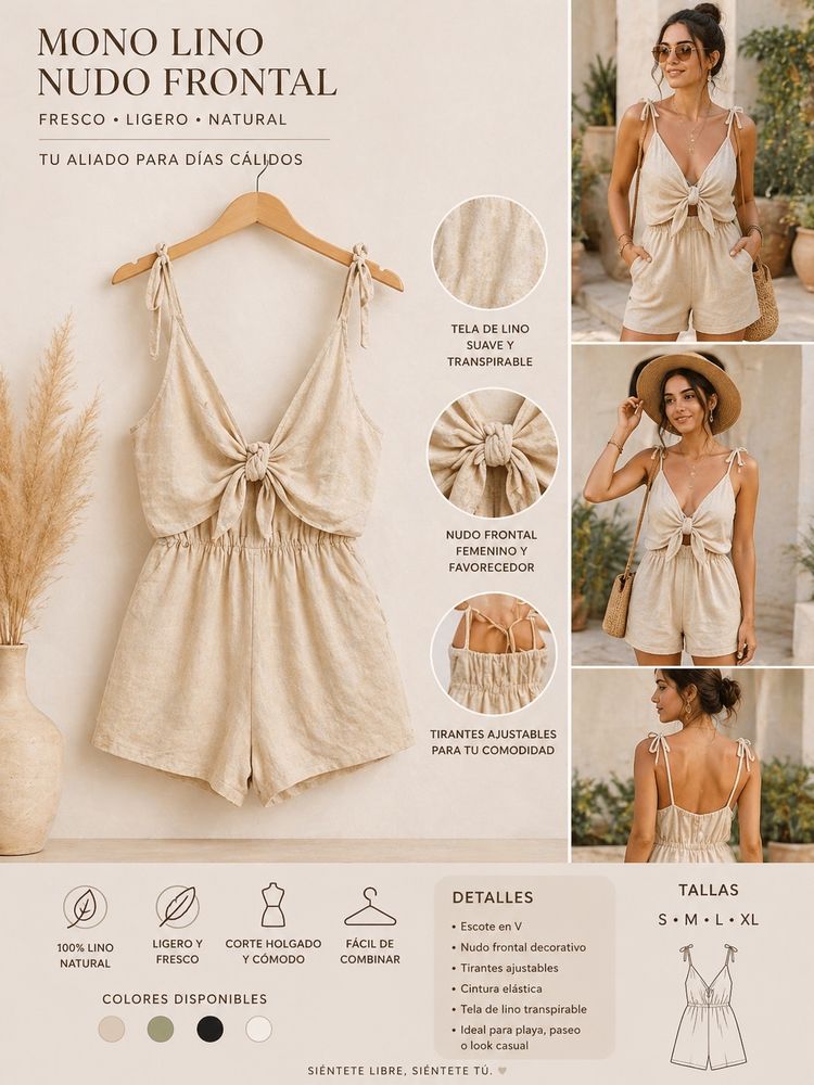 Beige Linen Front Knot Romper