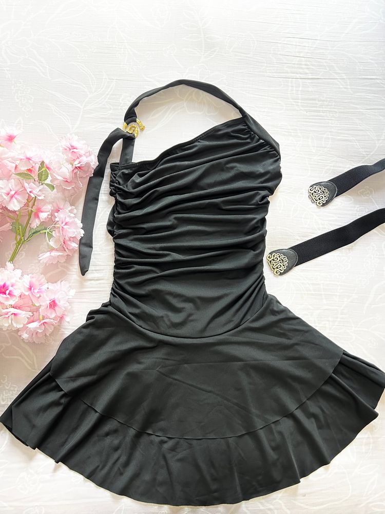 Black Ruched One-Shoulder Dress With Gold Buckle