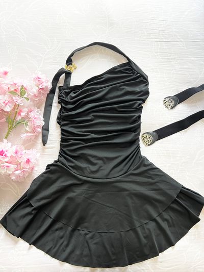 Black Ruched One-Shoulder Dress With Gold Buckle