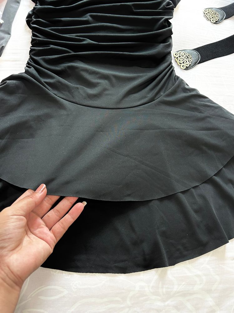 Black Ruched One-Shoulder Dress With Gold Buckle image 2