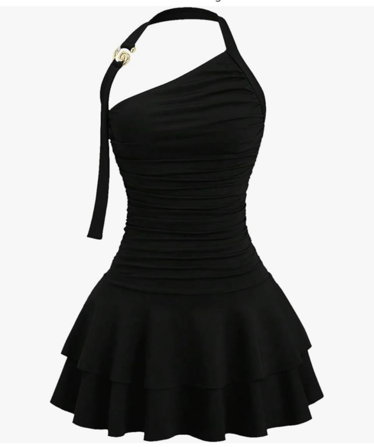 Black Ruched One-Shoulder Dress With Gold Buckle image 10