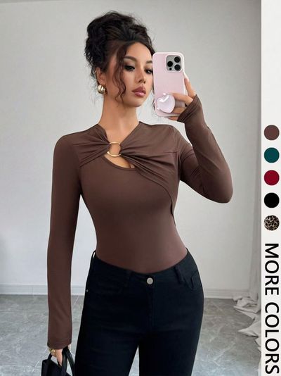 Brown Long Sleeve Top With Ring Detail