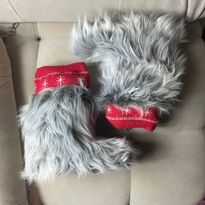 Faux Fur Boots With Red Knit Cuffs