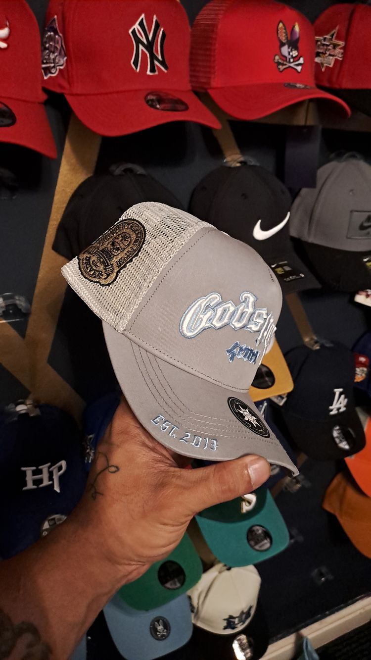 Grey Mesh Trucker Cap With Embroidered Text And Patch