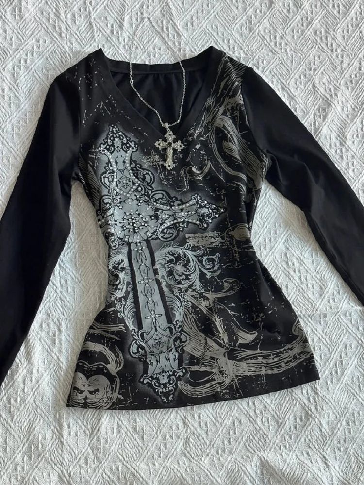 Black Long Sleeve Top With Cross Design image 1