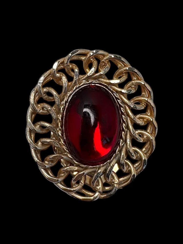 The Rack London Vintage Gold Scarf Clip with Ruby Red Cabochon Glass Stone