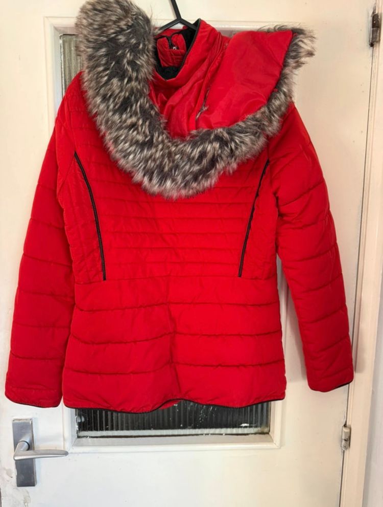 Red Padded Jacket With Faux Fur Hood image 4