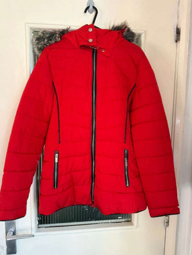 Red Padded Jacket With Faux Fur Hood image 3