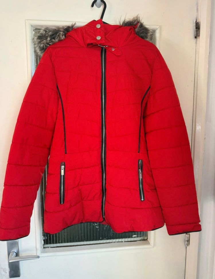Red Padded Jacket With Faux Fur Hood image 1