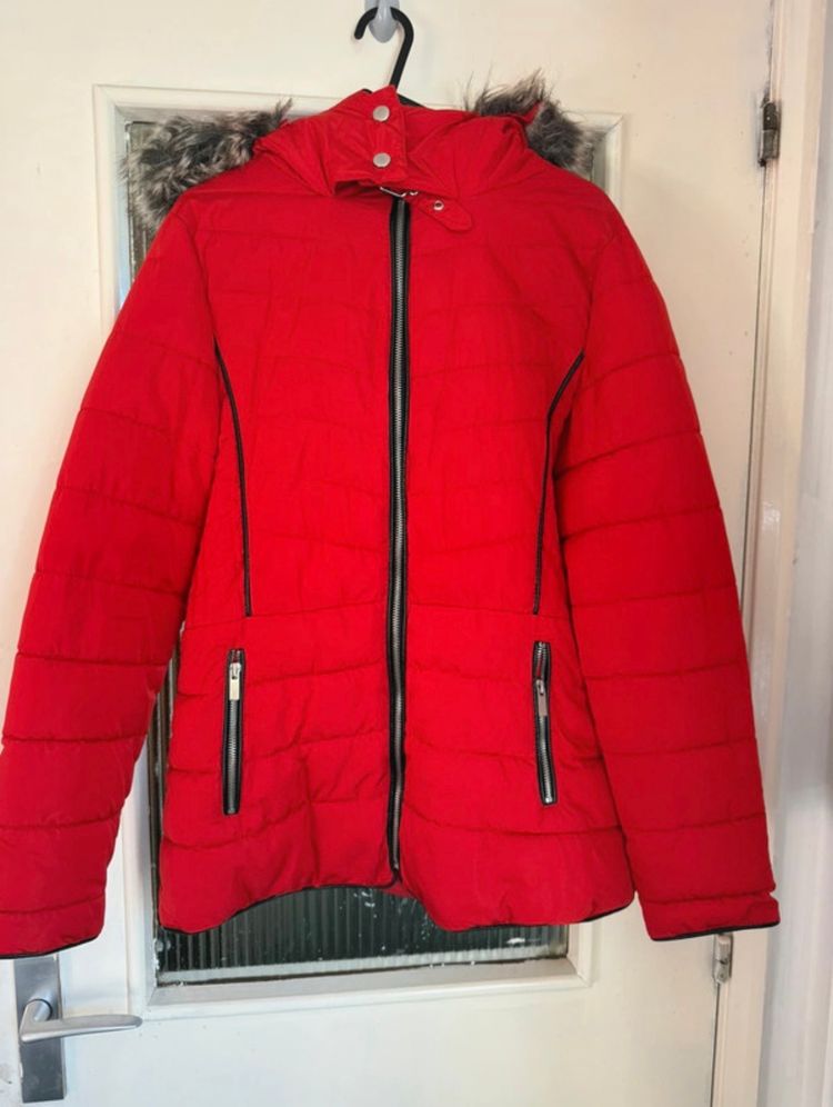 Red Padded Jacket With Faux Fur Hood image 2