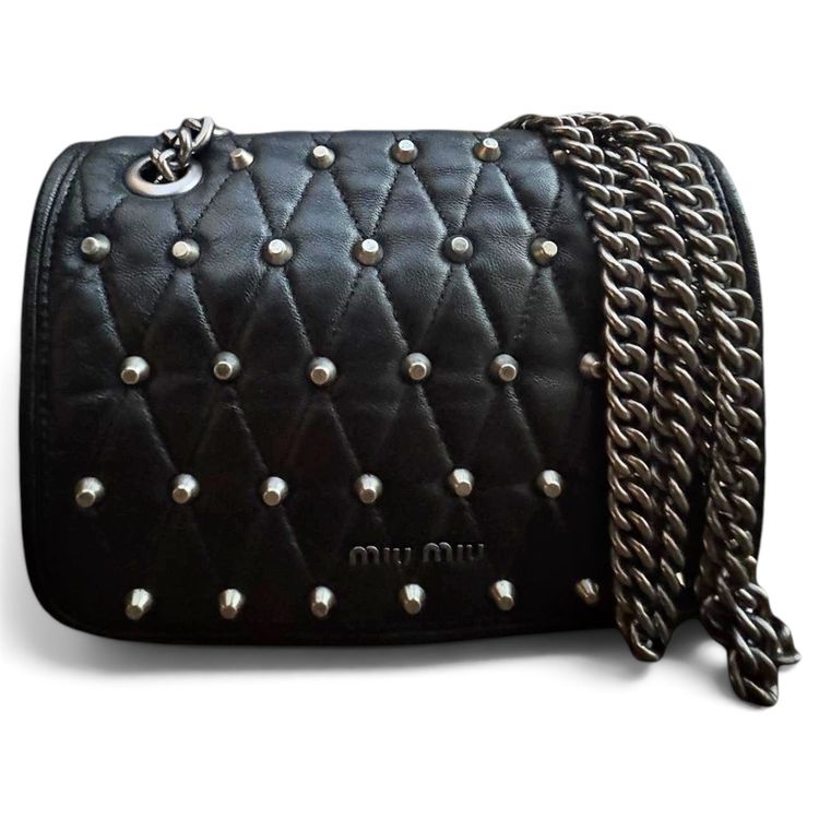 Miu Miu luxury quilted studded shoulder bag in black with silver chain image 1