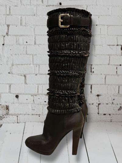 Brown Miu Miu Ruched High-Heeled Boots With Buckle