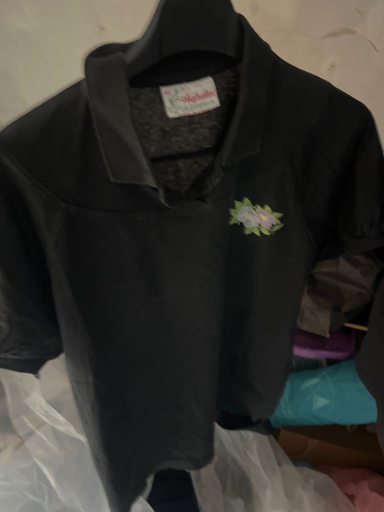 Black Short Sleeve Shirt With Floral Embroidery