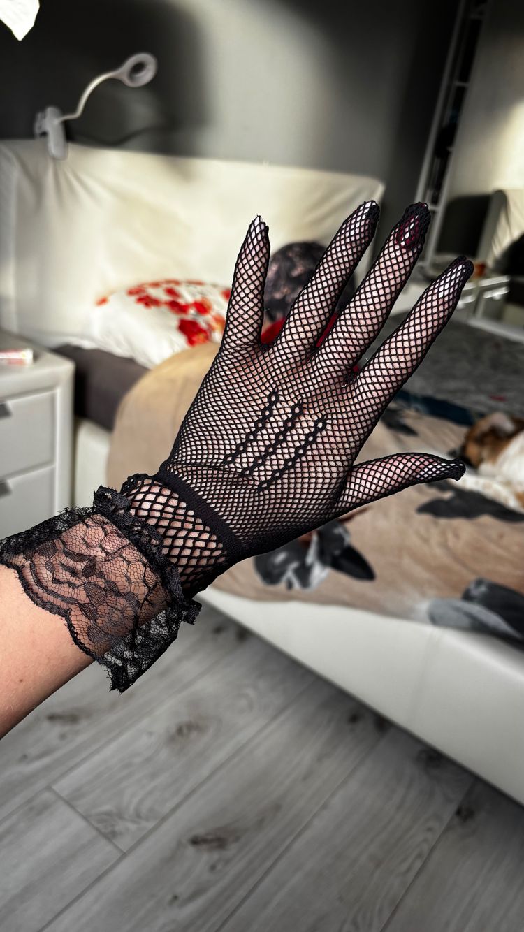 Black Fishnet Glove With Lace Cuff image 1