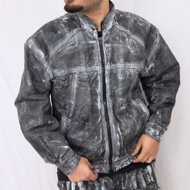 Black and gray distressed leather jacket image 3