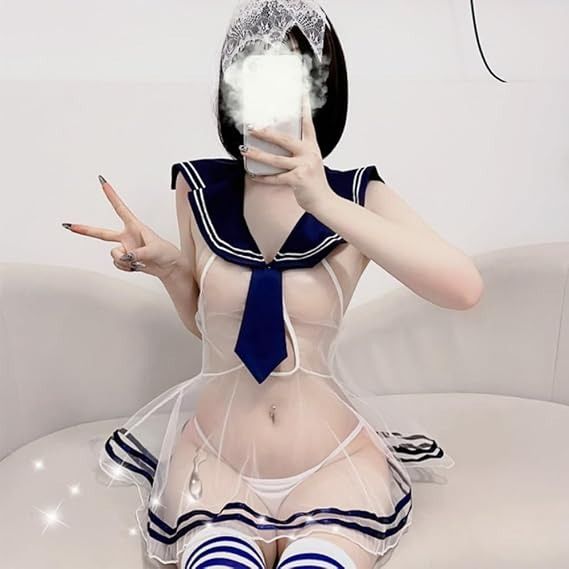 Sheer Navy Blue And White Sailor-Style Lingerie Set With Thigh-High Socks imagen 4