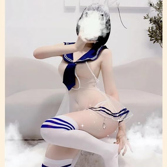 Sheer Navy Blue And White Sailor-Style Lingerie Set With Thigh-High Socks imagen 5