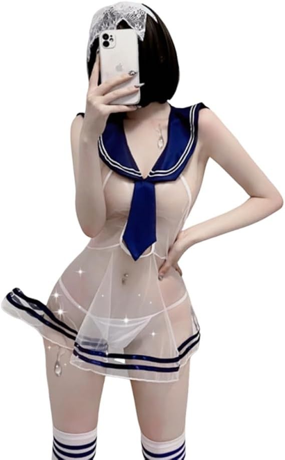 Sheer Navy Blue And White Sailor-Style Lingerie Set With Thigh-High Socks imagen 2