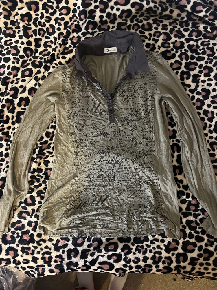 Long Sleeve Shirt With Script Print And Collar