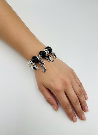 Black Beaded Charm Bracelet