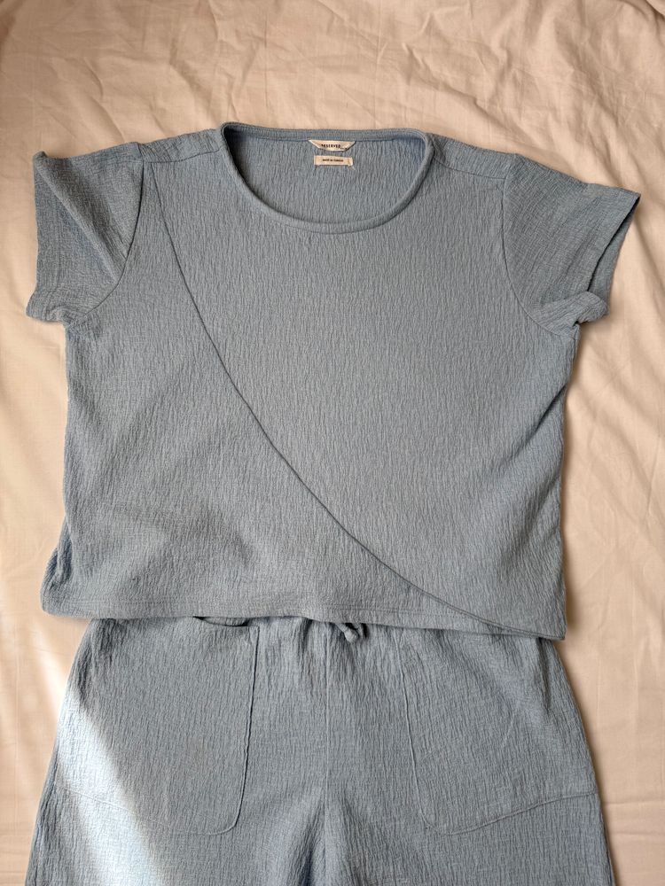 Reserved Light Blue Textured Short Sleeve Top And Pants Set