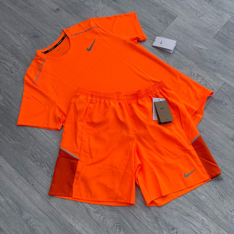 Nike Dri Fit Miler Top and 7" Challenger Running Shorts Set - Total Orange