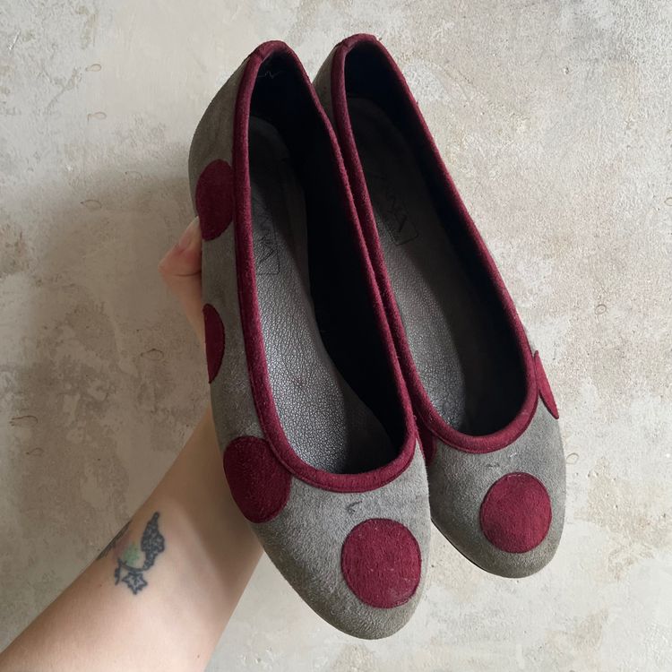 Grey Flats With Burgundy Polka Dots