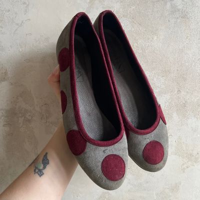 Grey Flats With Burgundy Polka Dots