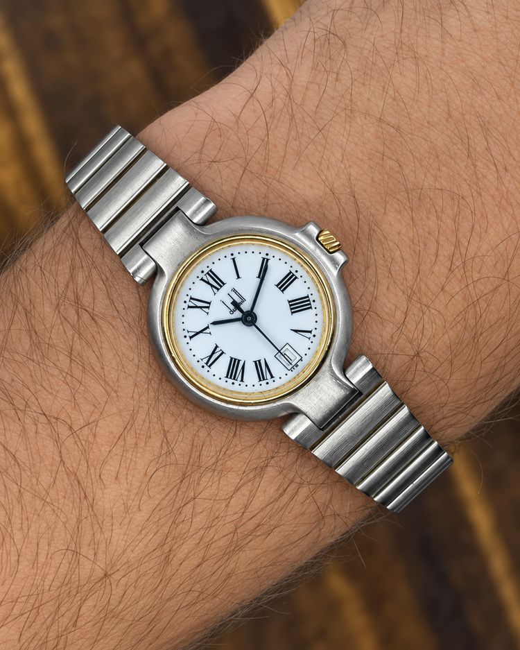 Vintage Dunhill Two-Tone Quartz Watch | Roman Numeral Dial Date Bracelet imagen 4