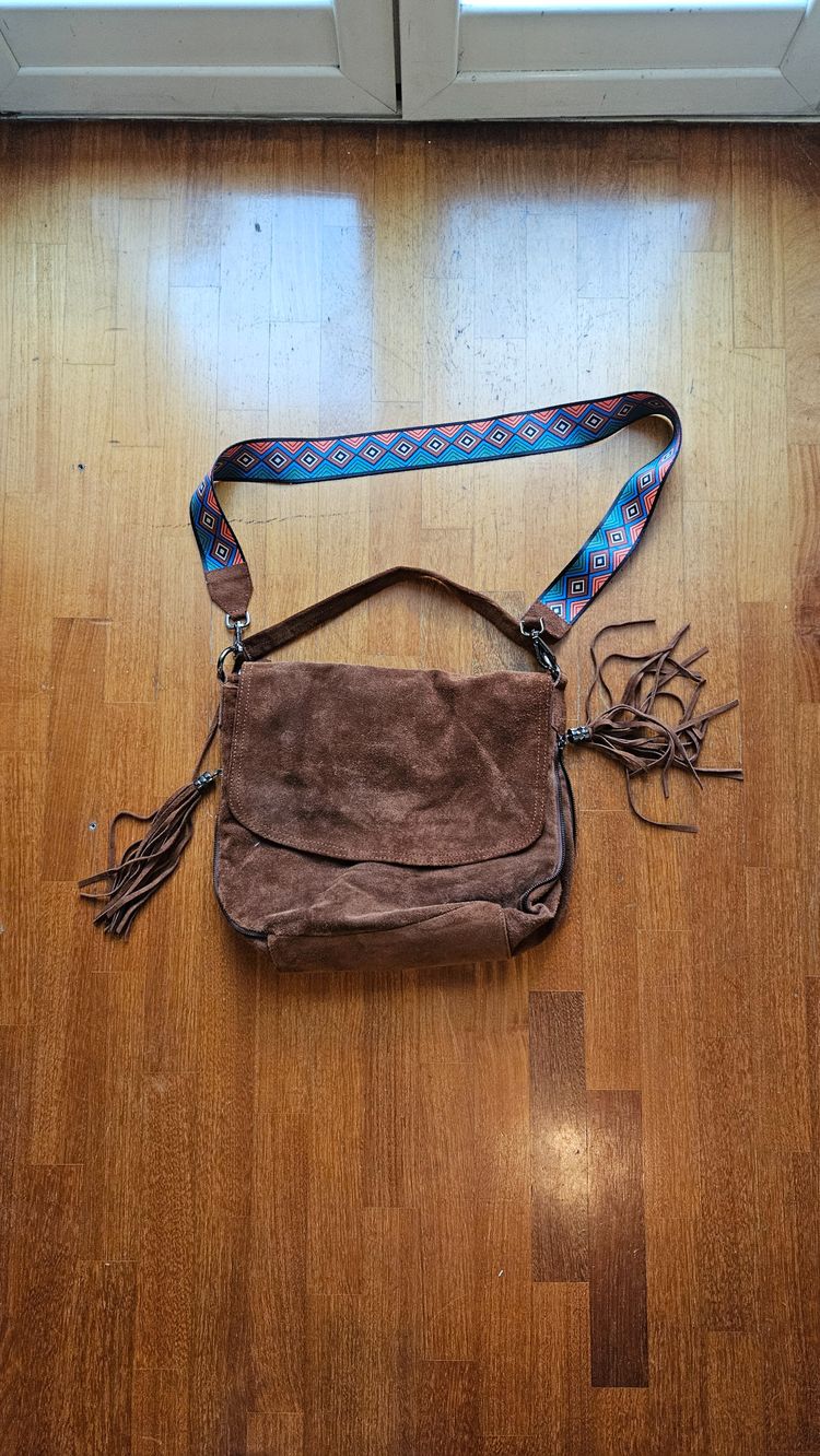 Brown Suede Shoulder Bag With Patterned Strap