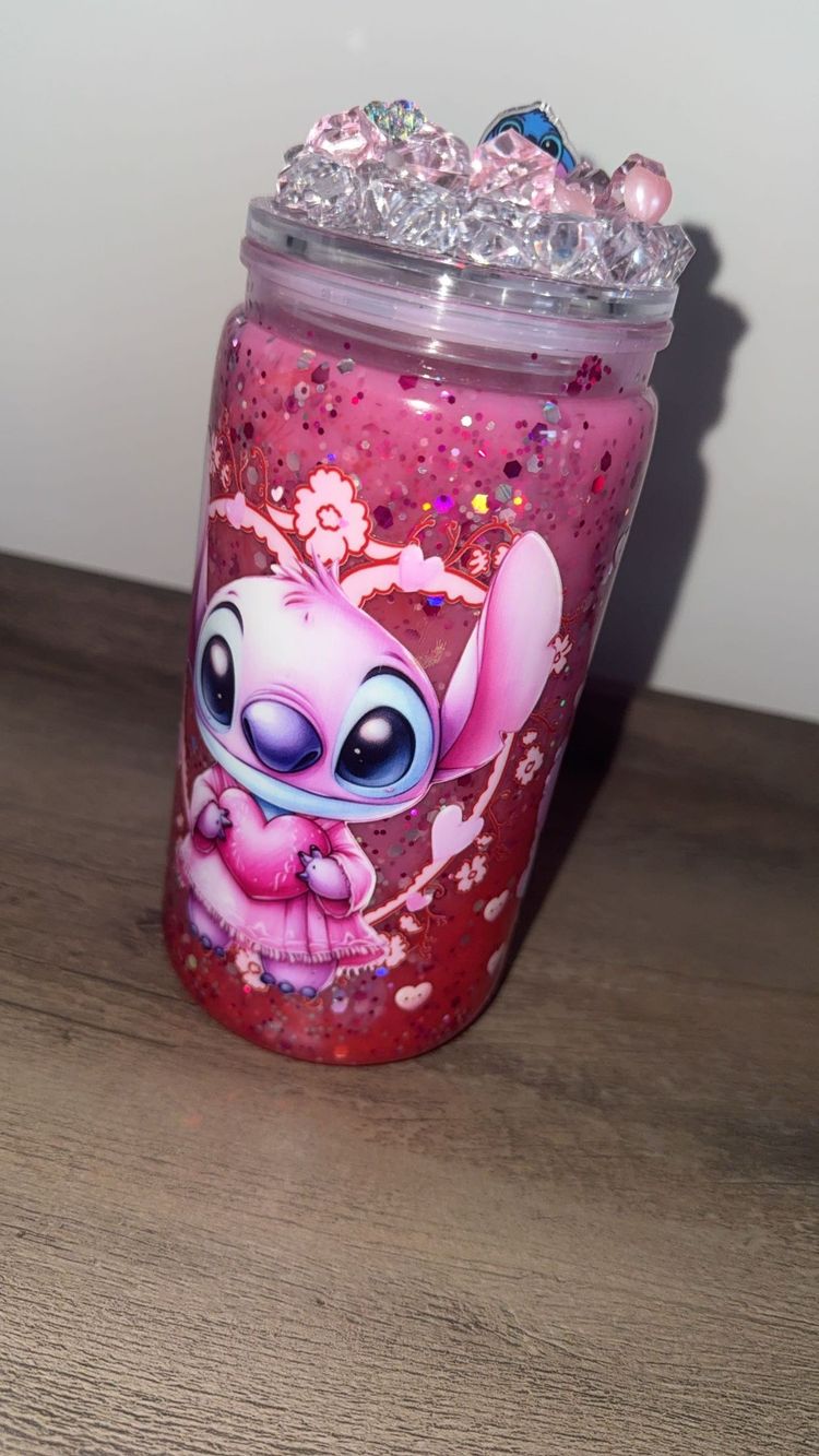 Pink Glitter Jar With Stitch Character Design