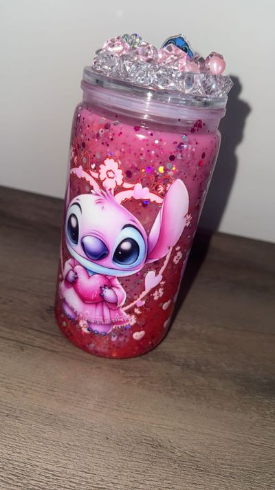 Pink Glitter Jar With Stitch Character Design