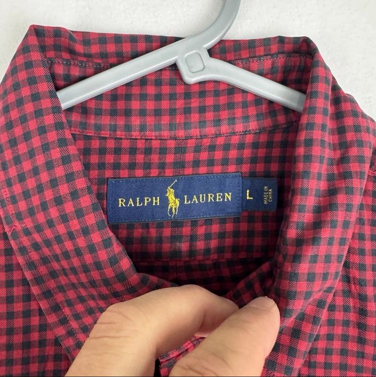 Ralph Lauren Red Navy Gingham Shirt Long Sleeve Button Down Cotton L Large obraz 2