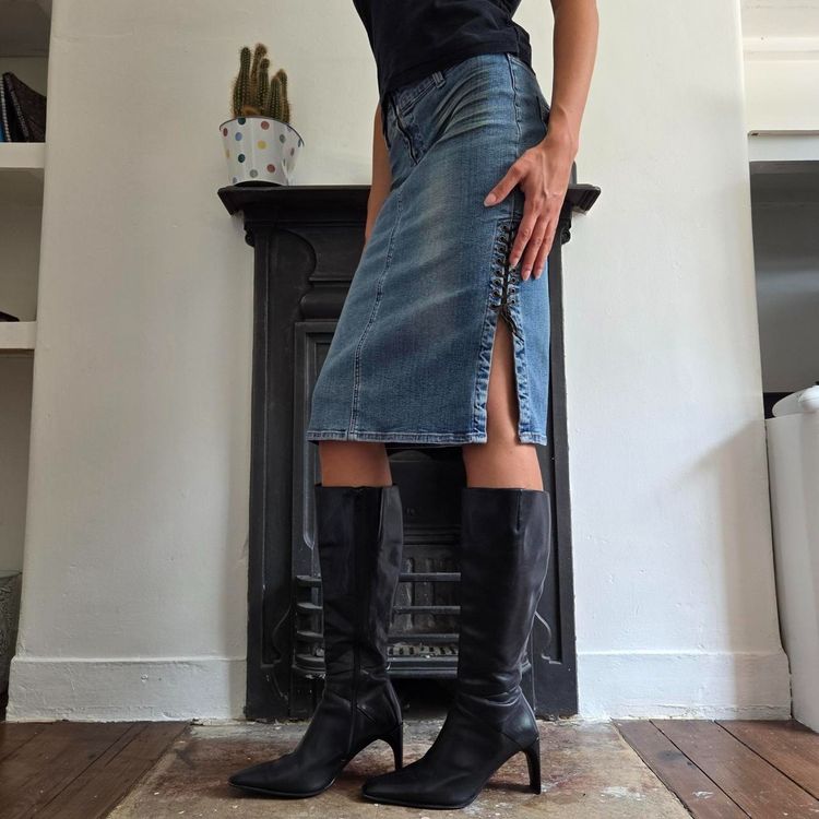 y2k denim midi skirt with side slit lace up