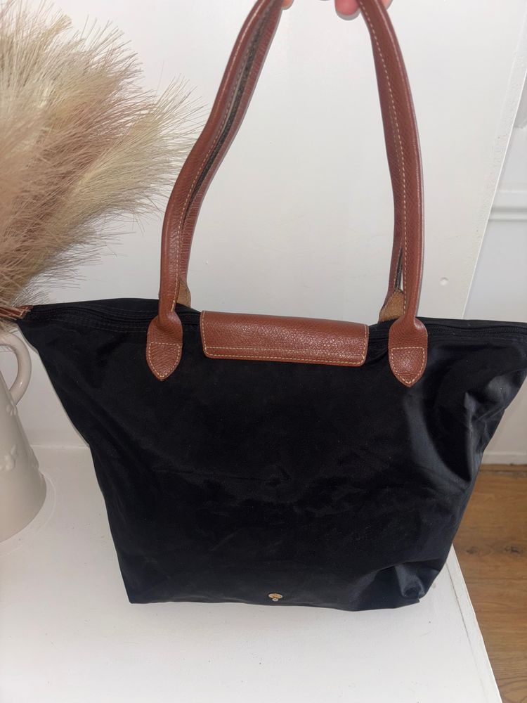 Black Tote Bag With Brown Leather Handles And Flap image 3