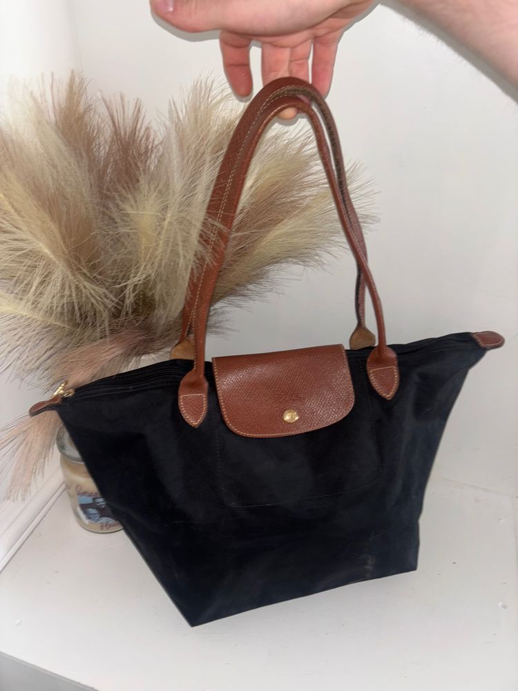Black Tote Bag With Brown Leather Handles And Flap image 1
