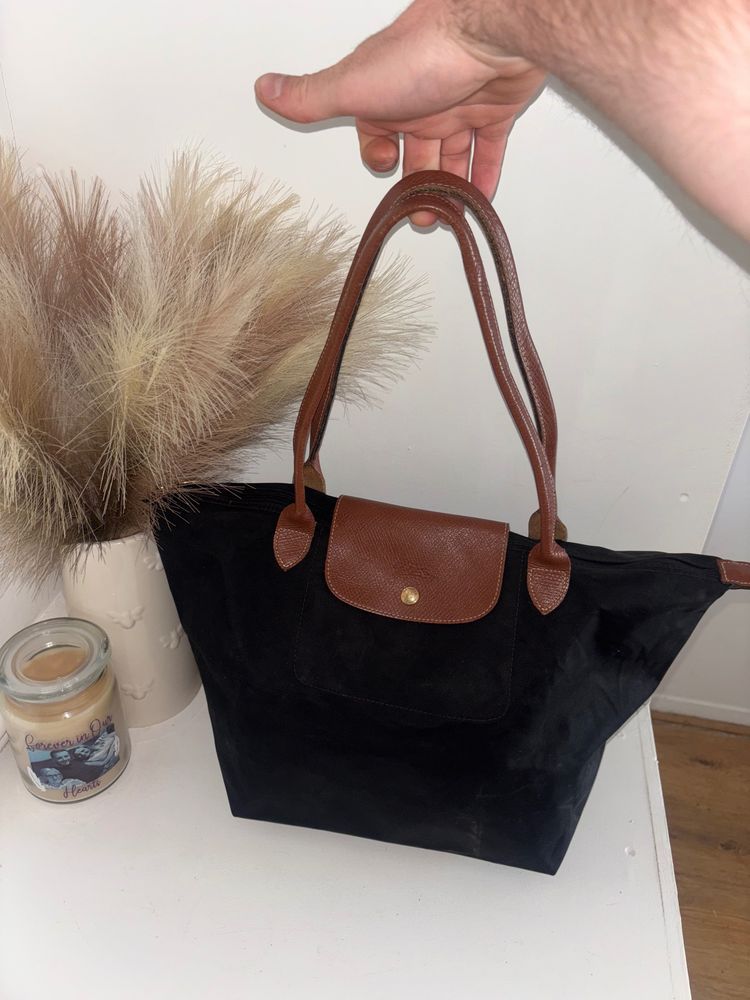 Black Tote Bag With Brown Leather Handles And Flap image 2