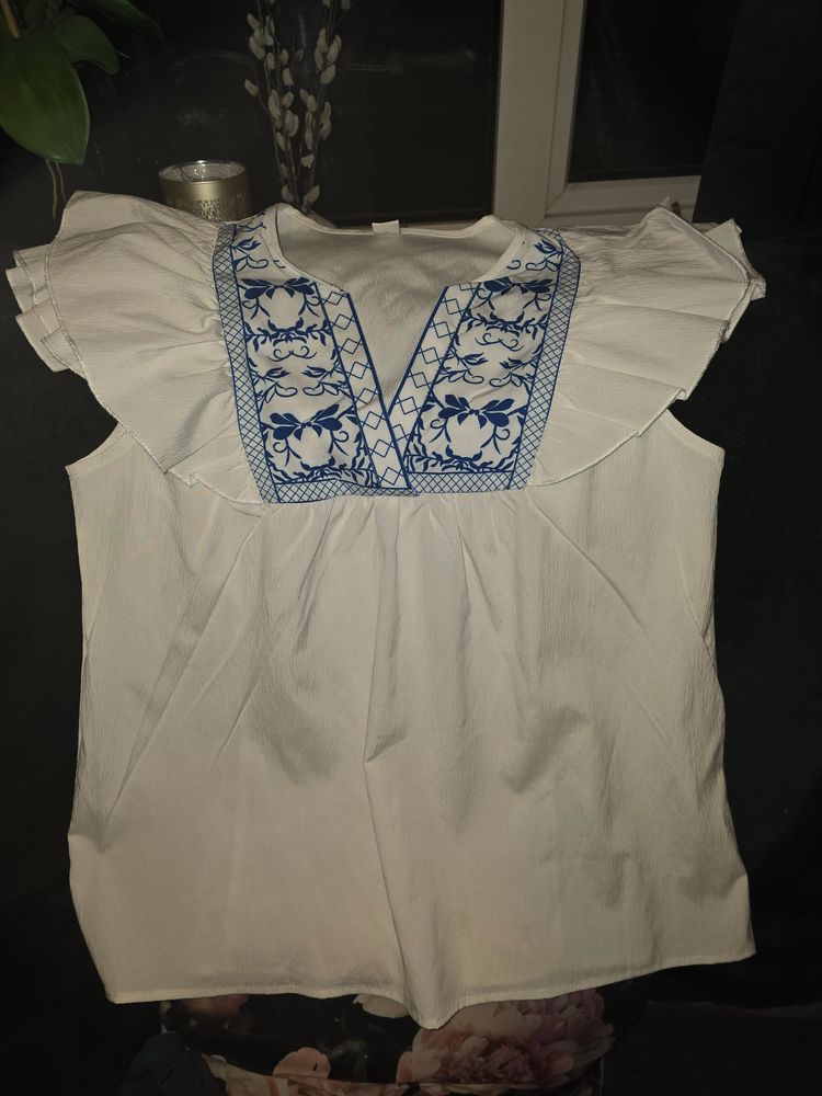 White Blouse With Blue Embroidery