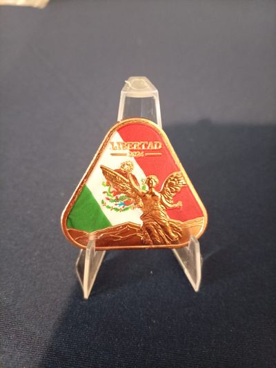 Triangular Copper Coin With Mexican Flag And Angel Design