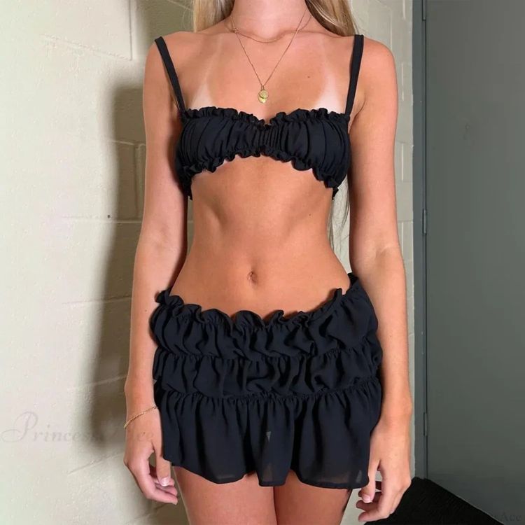 Immagine di Black Ruched Bikini Top And Skirt Set 2