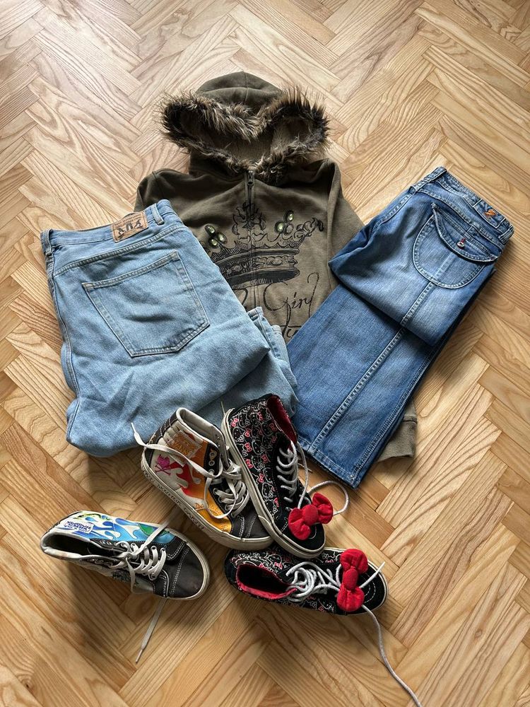 1x y2k dzwony, 1x baggy sweet skates, 2x vans, 1x bluza z futerkiem bulk