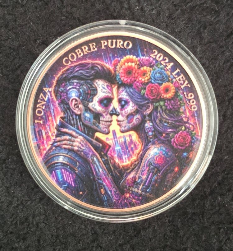 Immagine di Decorative Coin1oz Copper Día de los Muertos "Cybernetic love 1