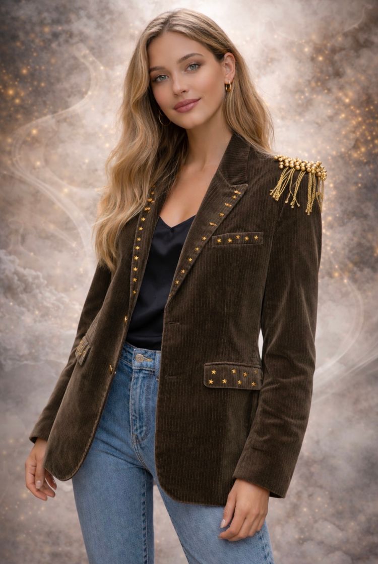 Brown Velvet Blazer With Eye Patch Detail image 2