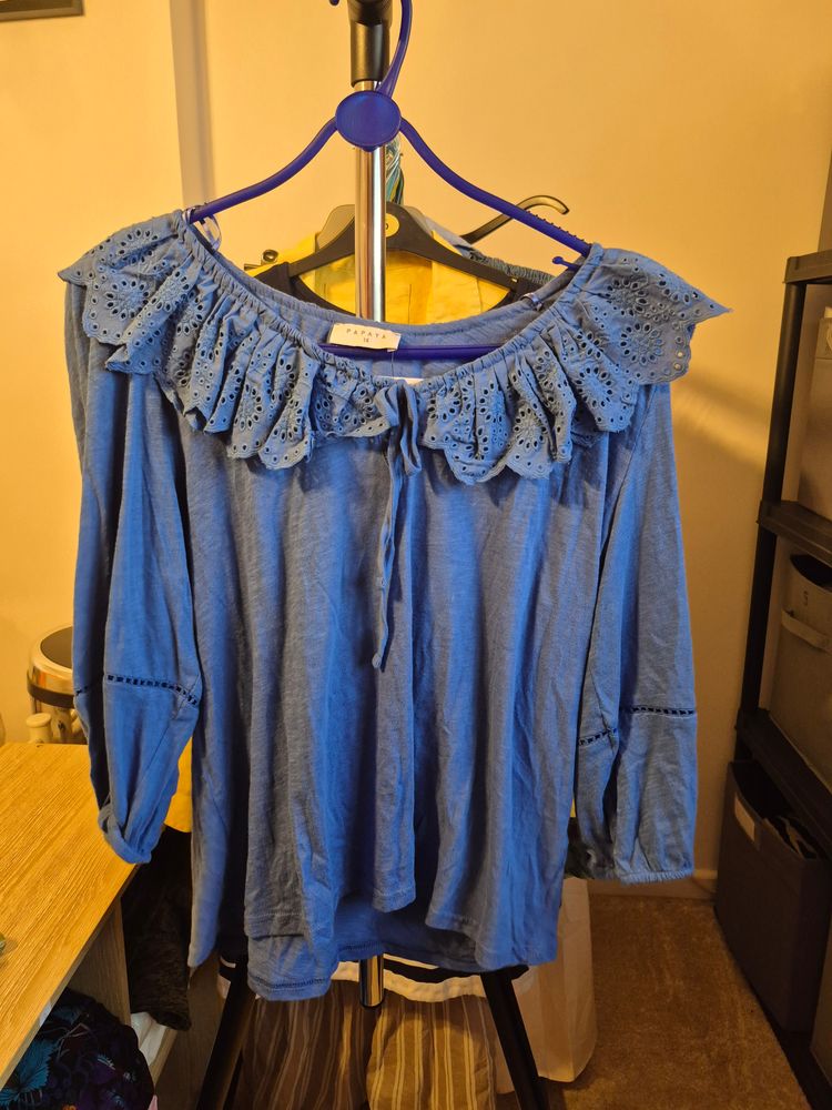 Blue Blouse With Ruffled Neckline