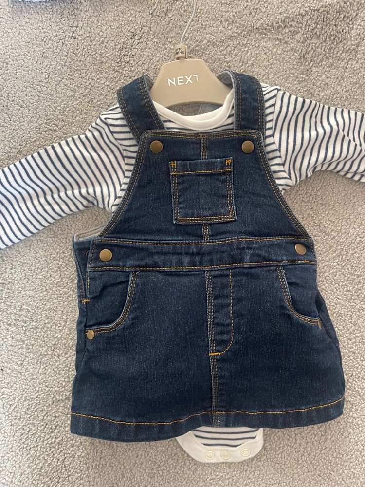 Denim Pinafore Dress With Striped Long Sleeve Bodysuit