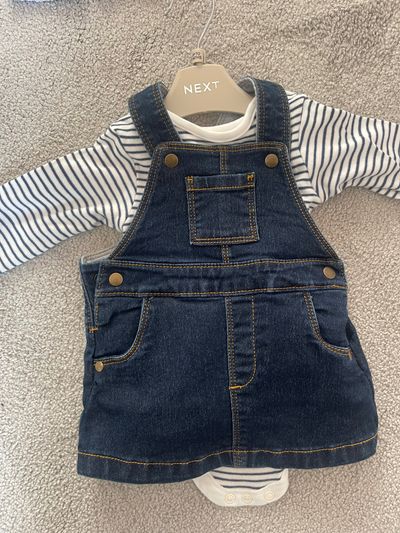 Denim Pinafore Dress With Striped Long Sleeve Bodysuit